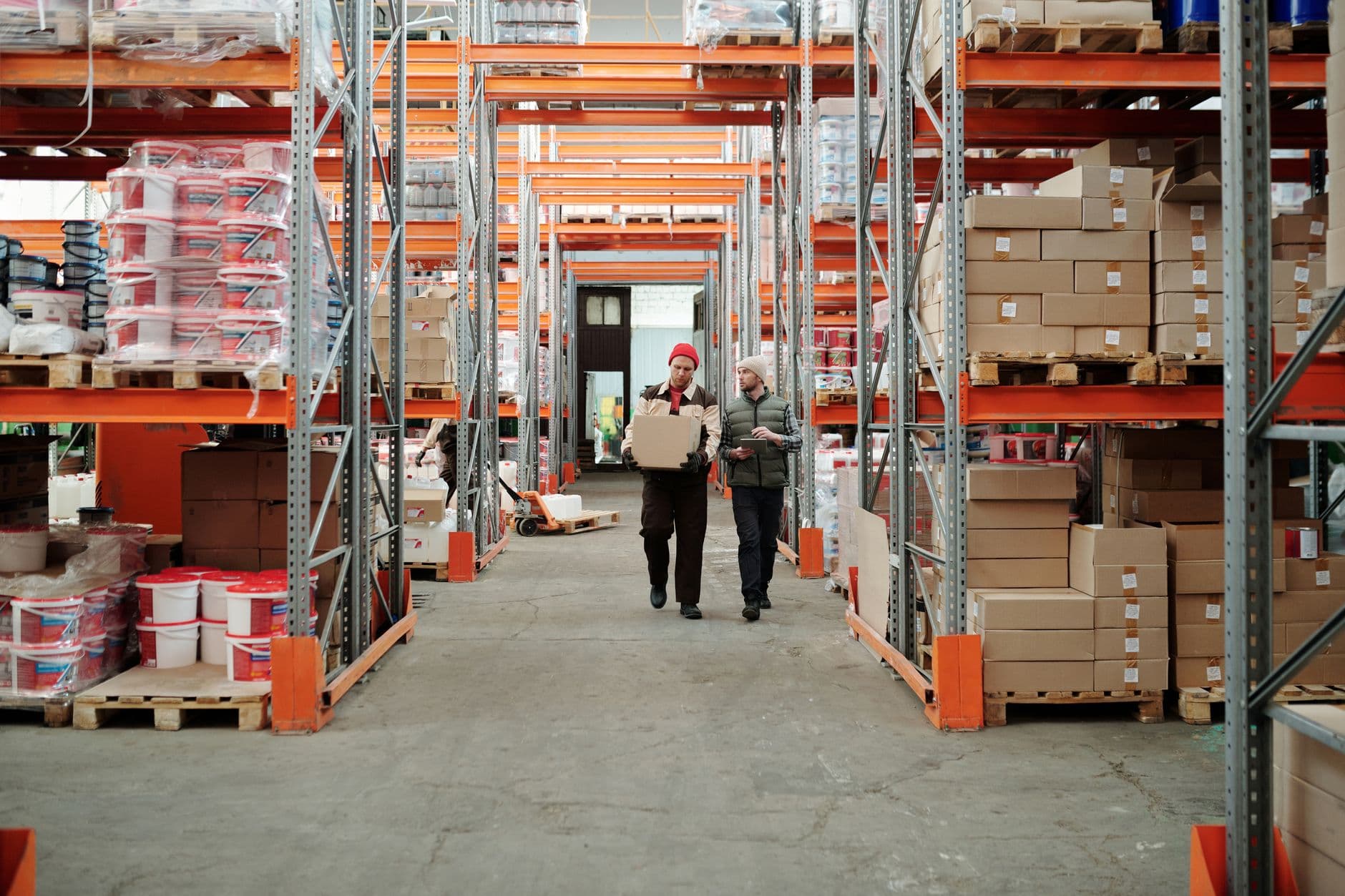 Warehouse inventory shelves with boxes ready for shipment